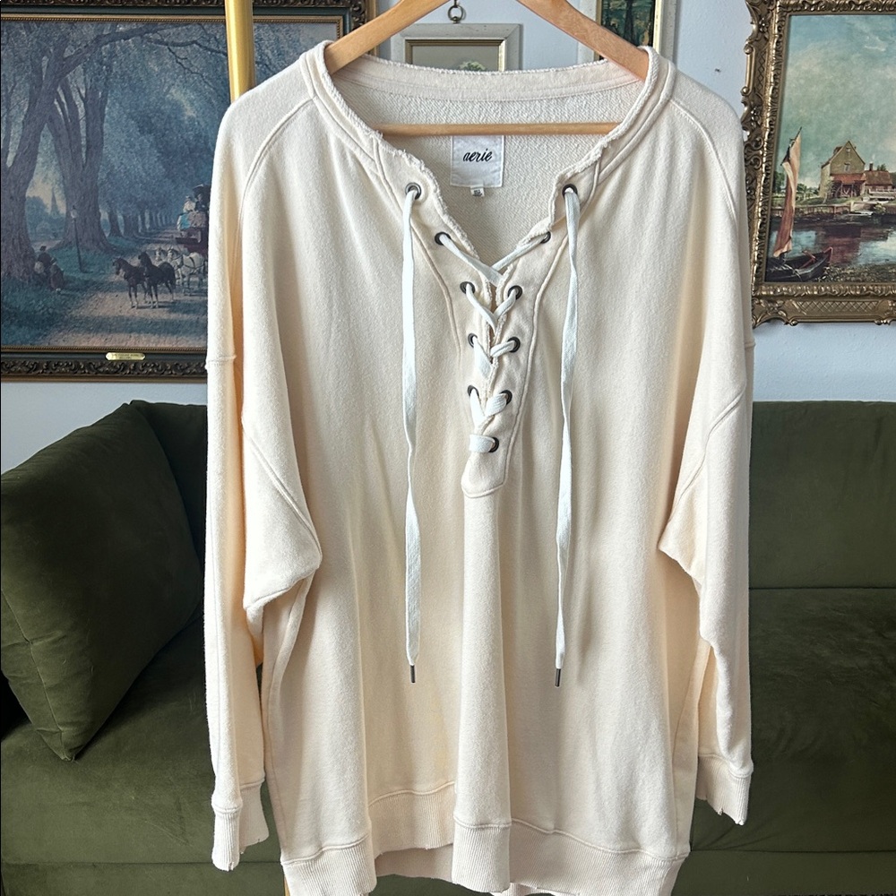aerie Lace-Up Pullover Sweater in Cream